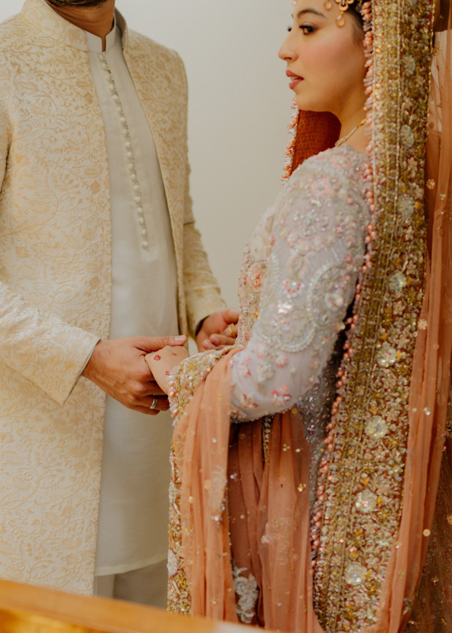 Pakistani Soft Silver Peach Embellished Net Bridal Lehenga (3-Piece) - Image 6