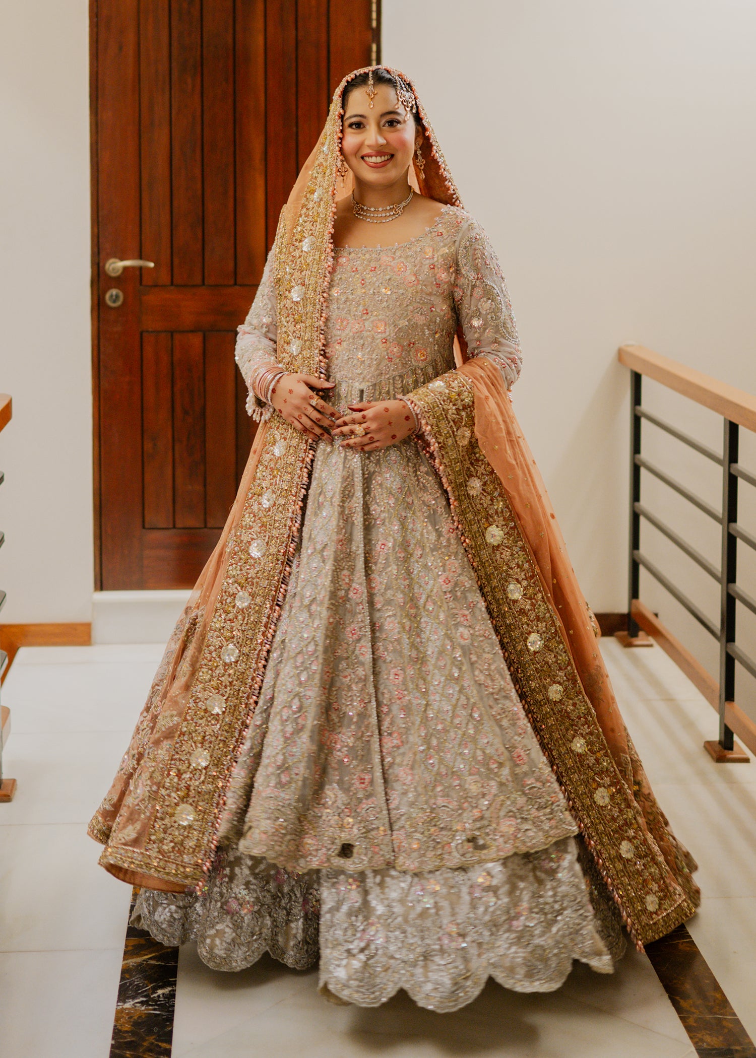 Pakistani Soft Silver Peach Embellished Net Bridal Lehenga (3-Piece) - Image 7