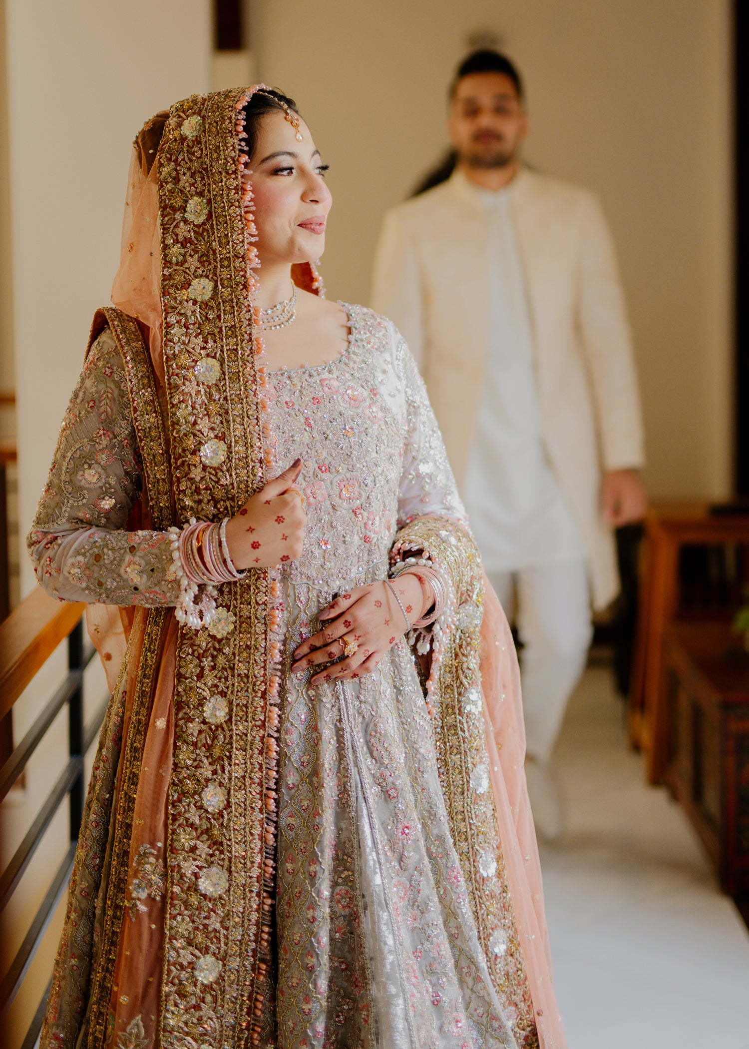 Pakistani Soft Silver Peach Embellished Net Bridal Lehenga (3-Piece) - Image 8