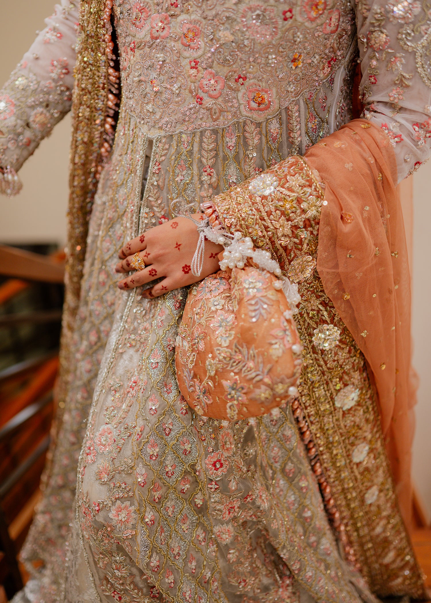 Pakistani Soft Silver Peach Embellished Net Bridal Lehenga (3-Piece) - Image 9