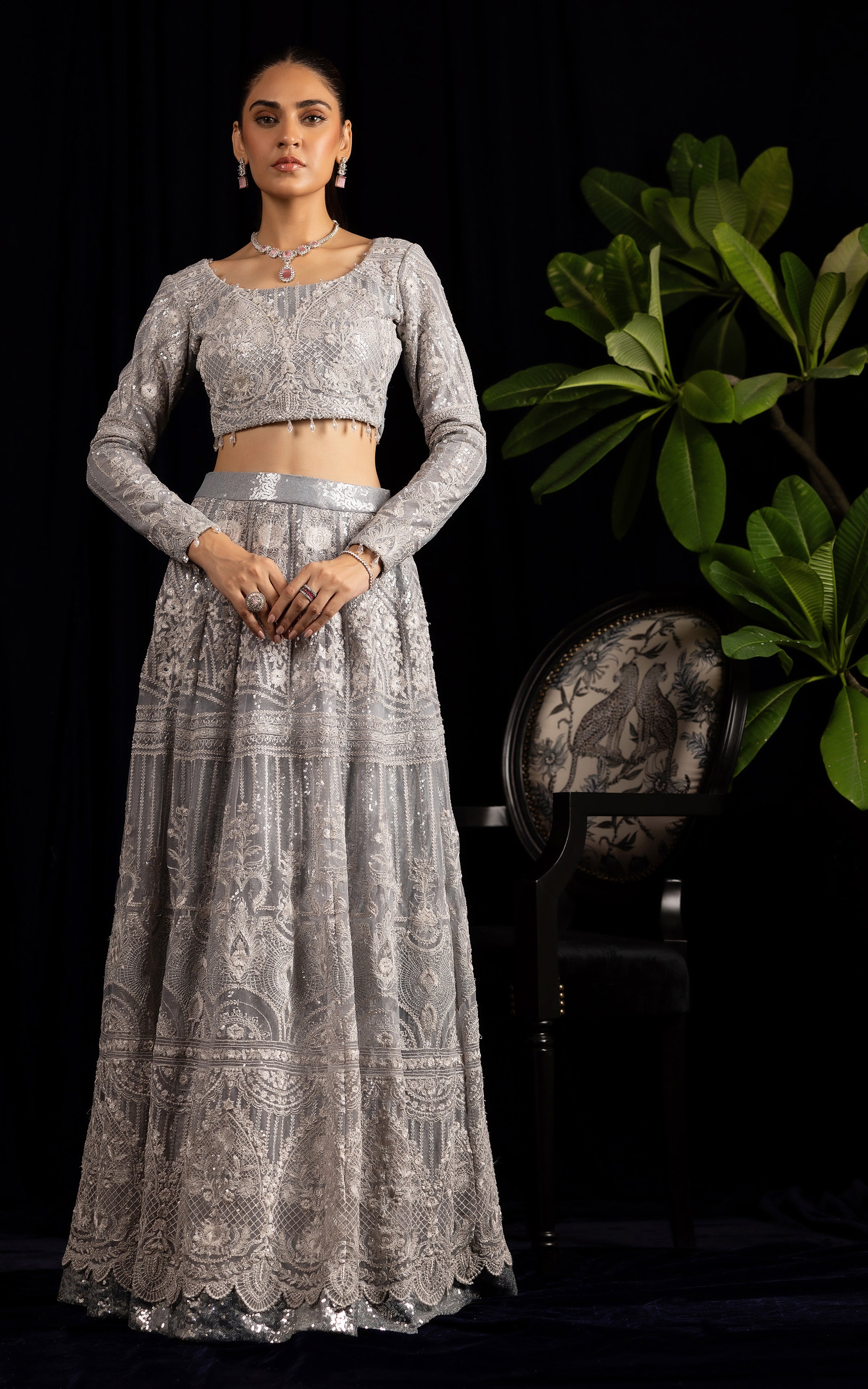 Pakistani Silver Embroidered Net Lehenga Set (2-Piece) - Image 1