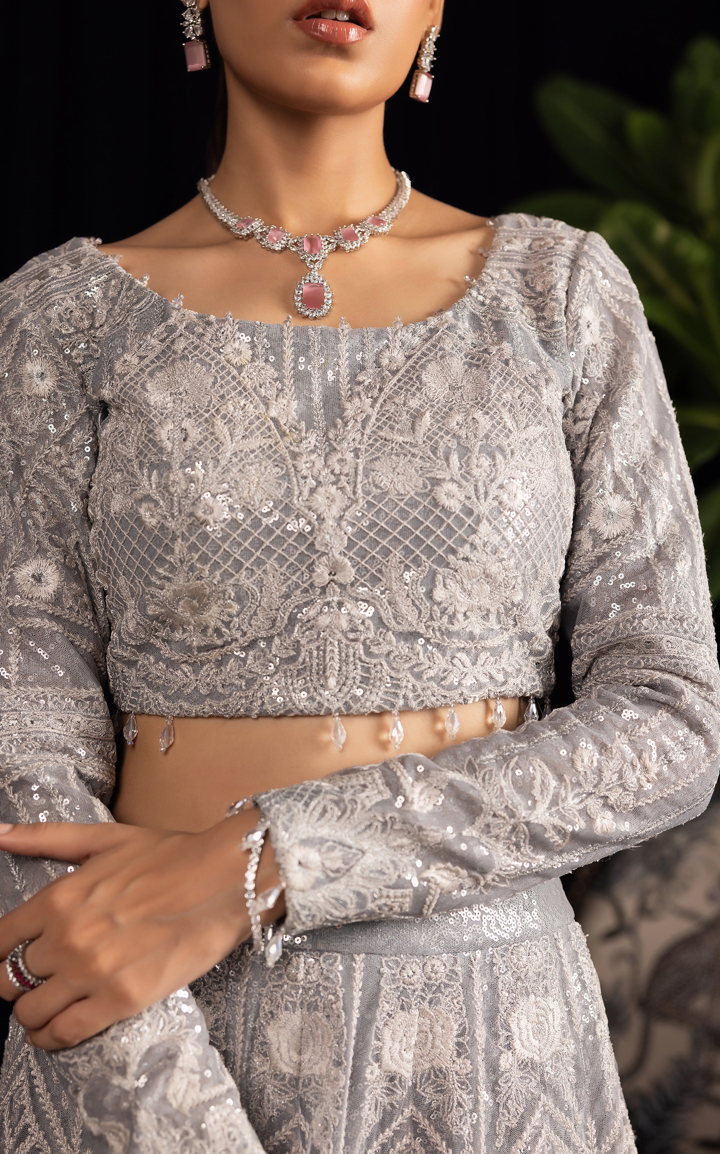 Pakistani Silver Embroidered Net Lehenga Set (2-Piece) - Image 3