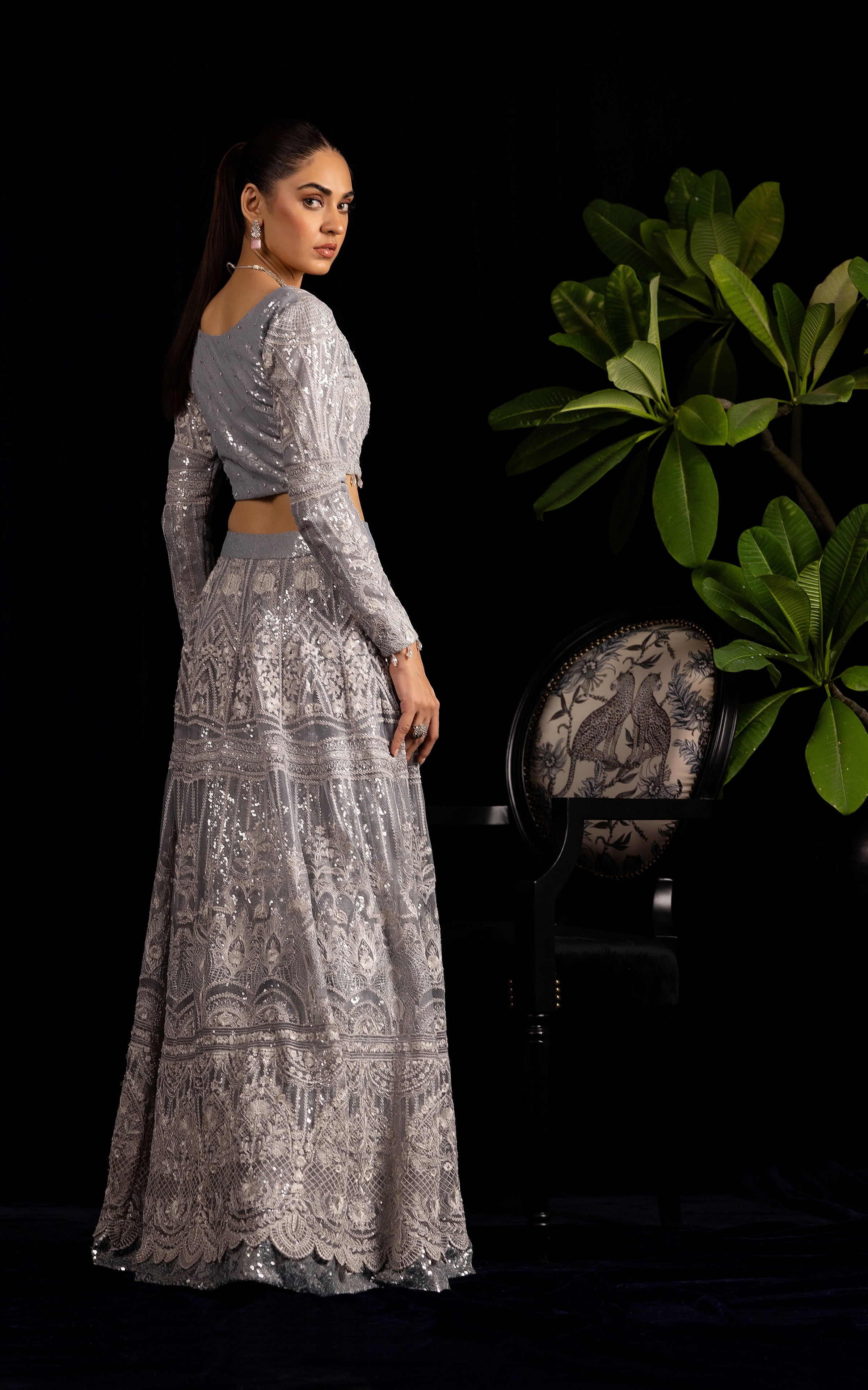 Pakistani Silver Embroidered Net Lehenga Set (2-Piece) - Image 4