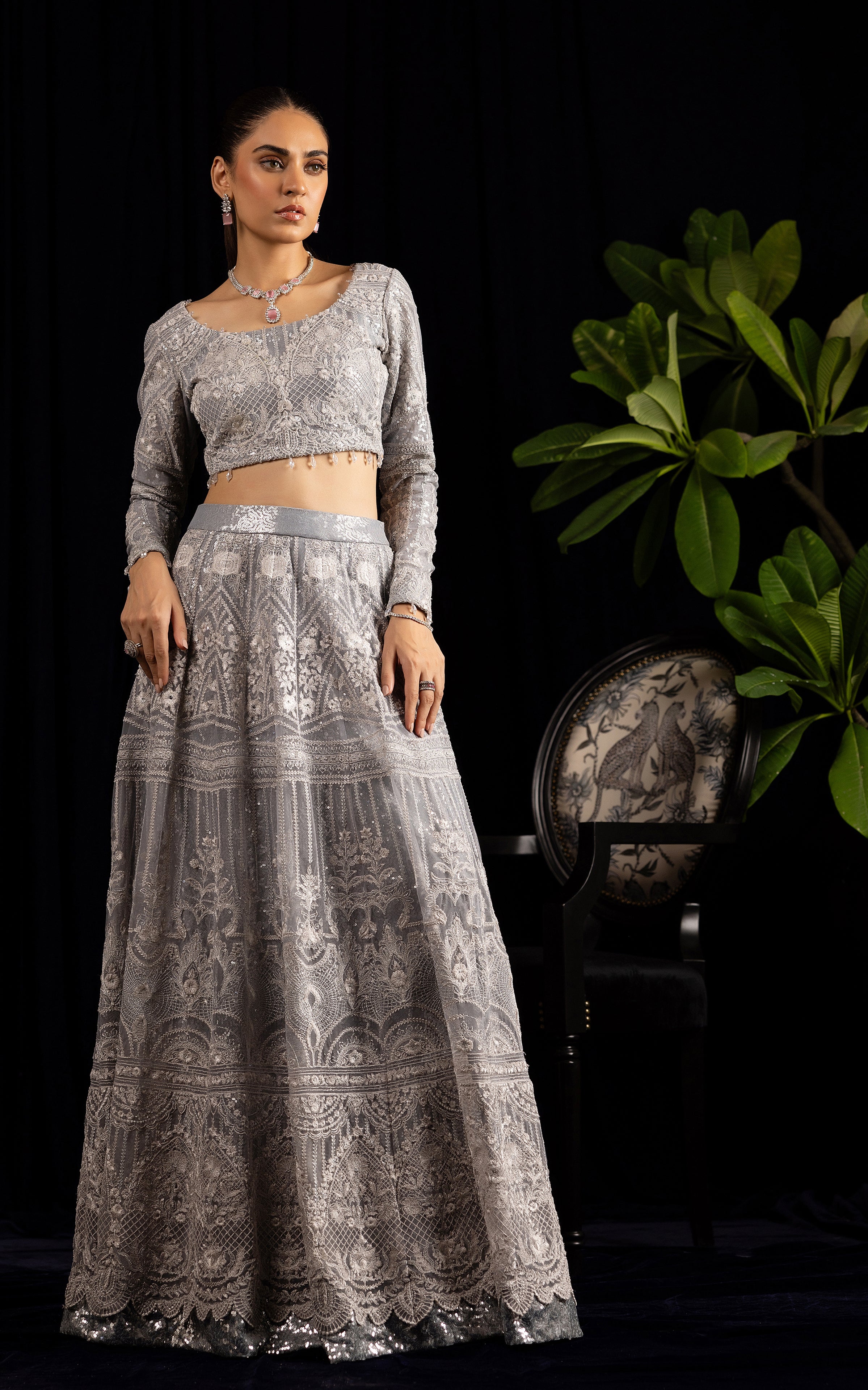 Pakistani Silver Embroidered Net Lehenga Set (2-Piece) - Image 5