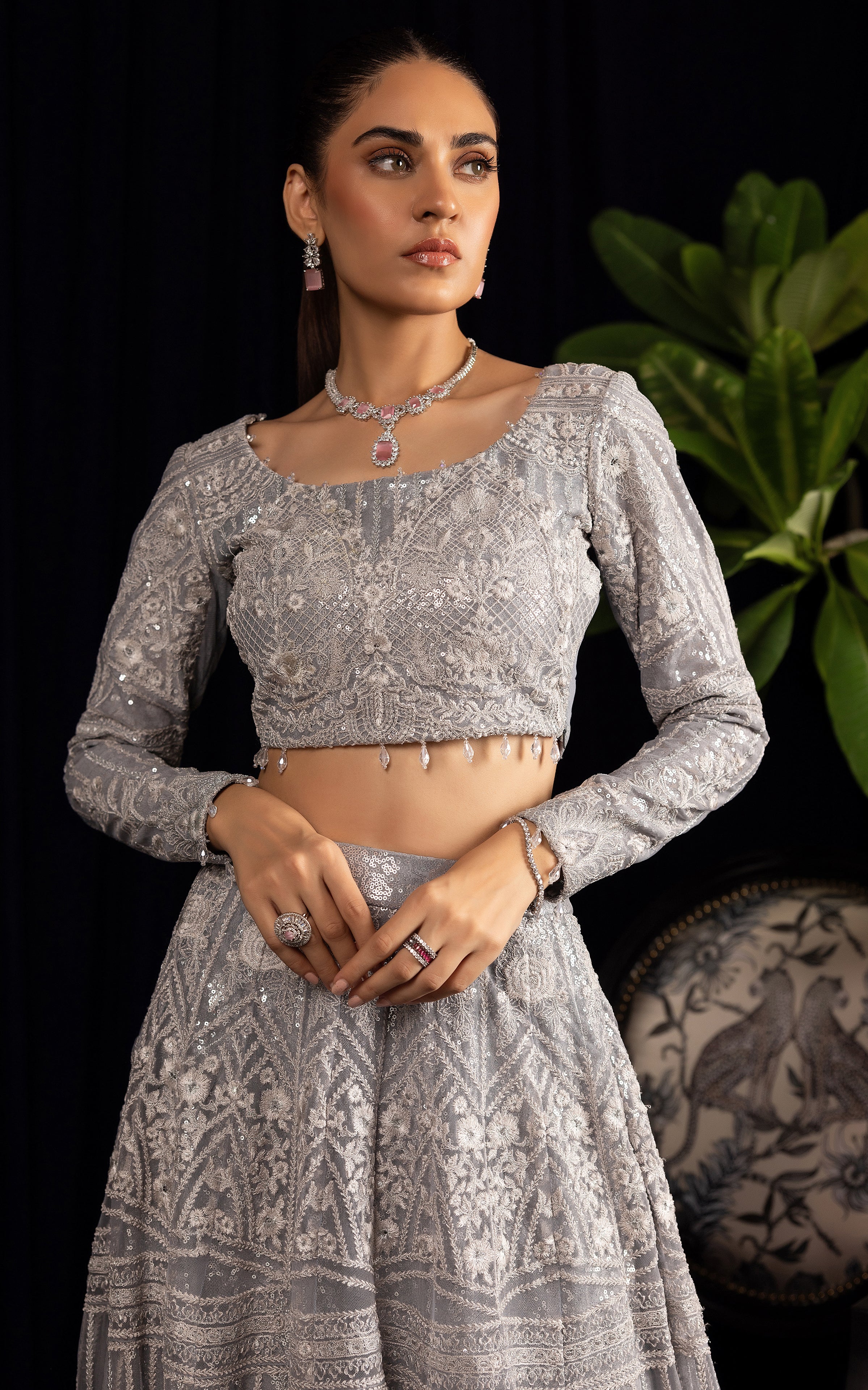 Pakistani Silver Embroidered Net Lehenga Set (2-Piece) - Image 6
