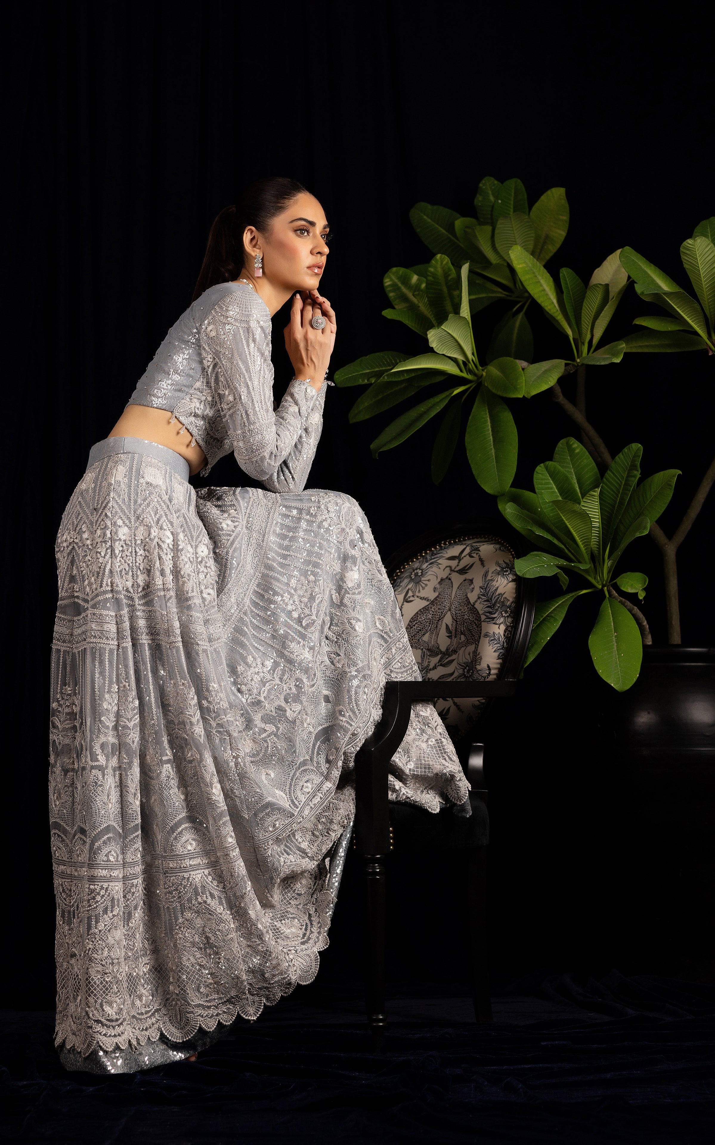 Pakistani Silver Embroidered Net Lehenga Set (2-Piece) - Image 7