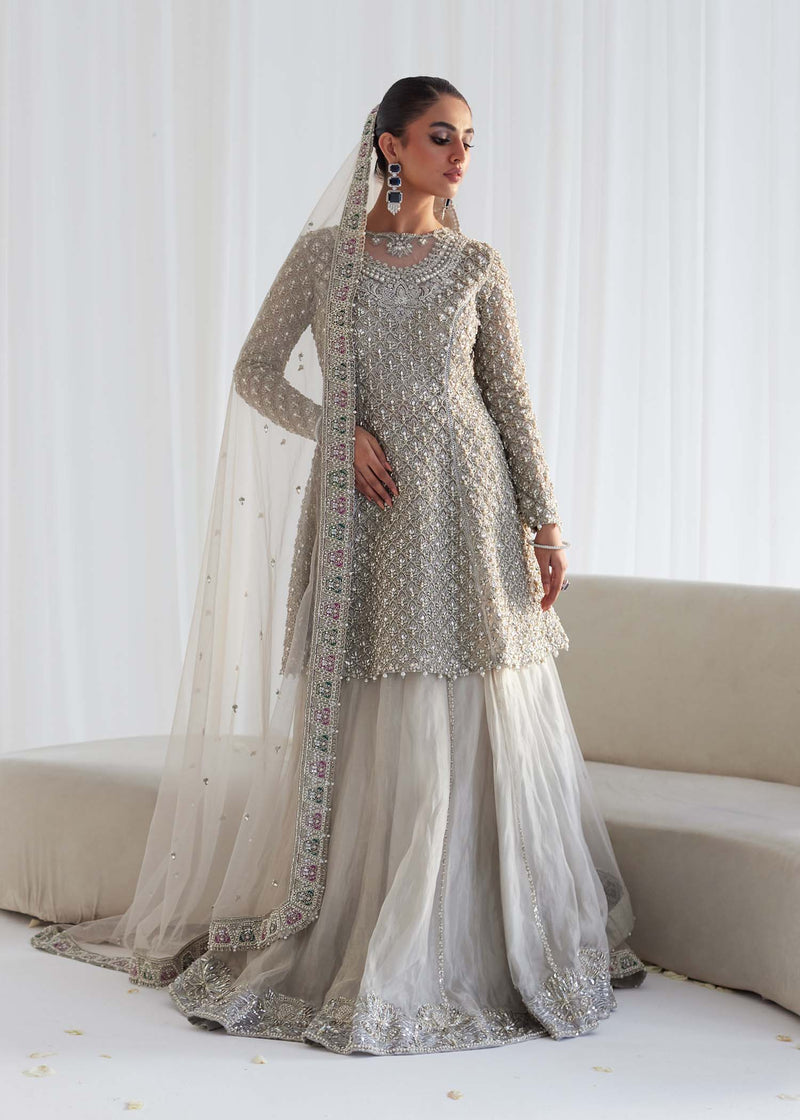 Silver Embroidered Net & Tissue Peplum Lehnga (3-Piece) - Image 1