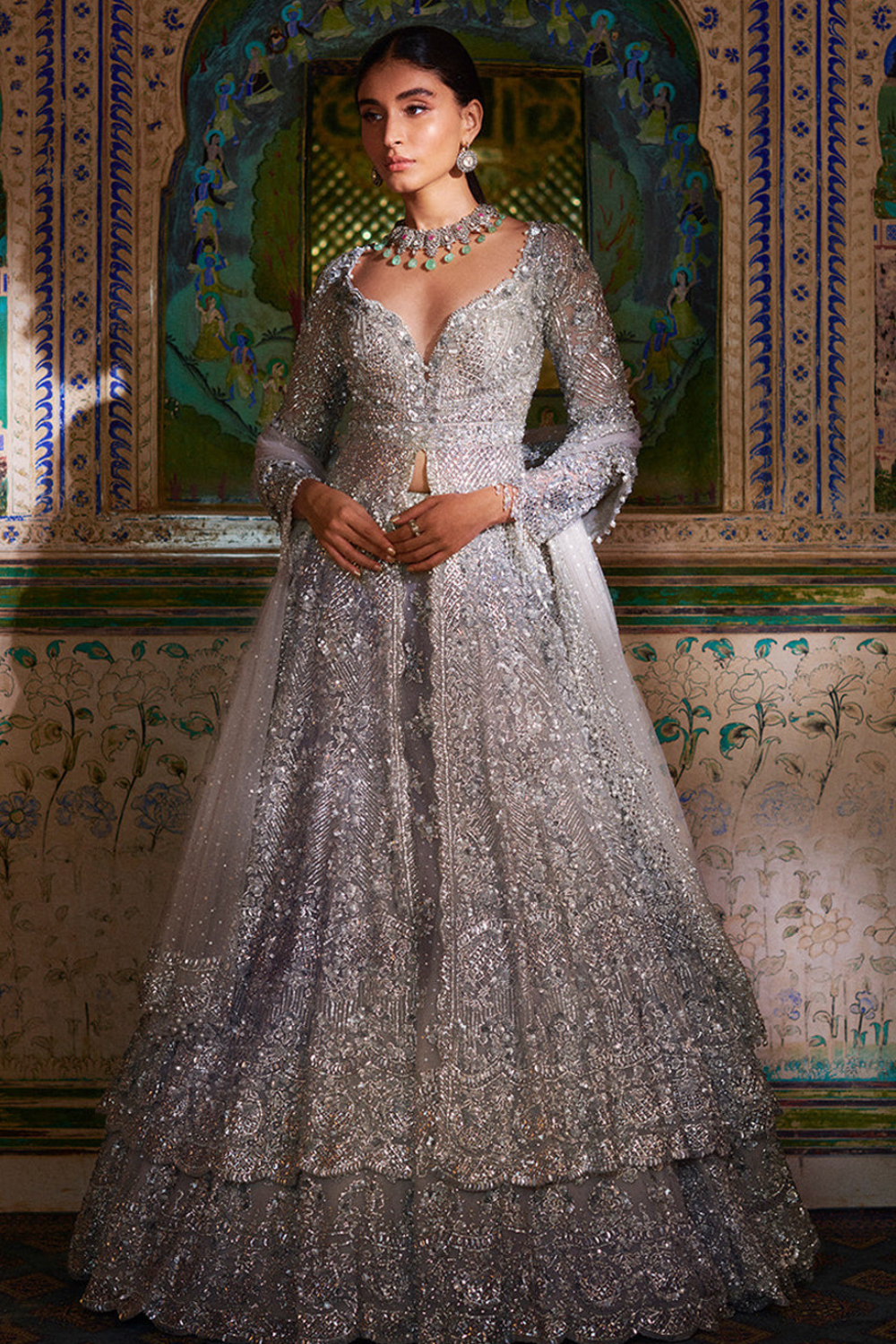 Silver Zardozi Embellished Net Jacket Lehenga (3-Piece) - Image 1