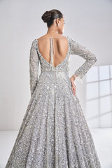 Silver Zardozi Embellished Net Jacket Lehenga (3-Piece) - Image 10