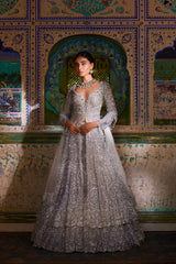 Silver Zardozi Embellished Net Jacket Lehenga (3-Piece) - Image 11