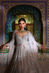 Silver Zardozi Embellished Net Jacket Lehenga (3-Piece) - Image 3