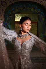 Silver Zardozi Embellished Net Jacket Lehenga (3-Piece) - Image 4