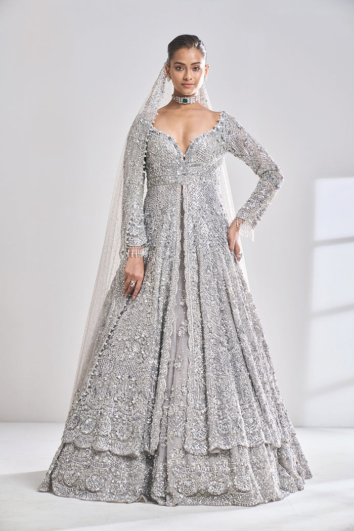 Silver Zardozi Sequin Net Lehenga Set (3-Piece) - Image 3