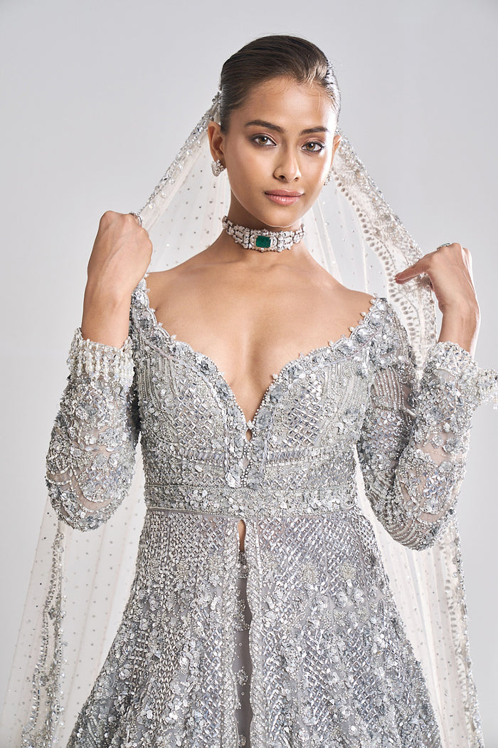 Silver Zardozi Sequin Net Lehenga Set (3-Piece) - Image 4