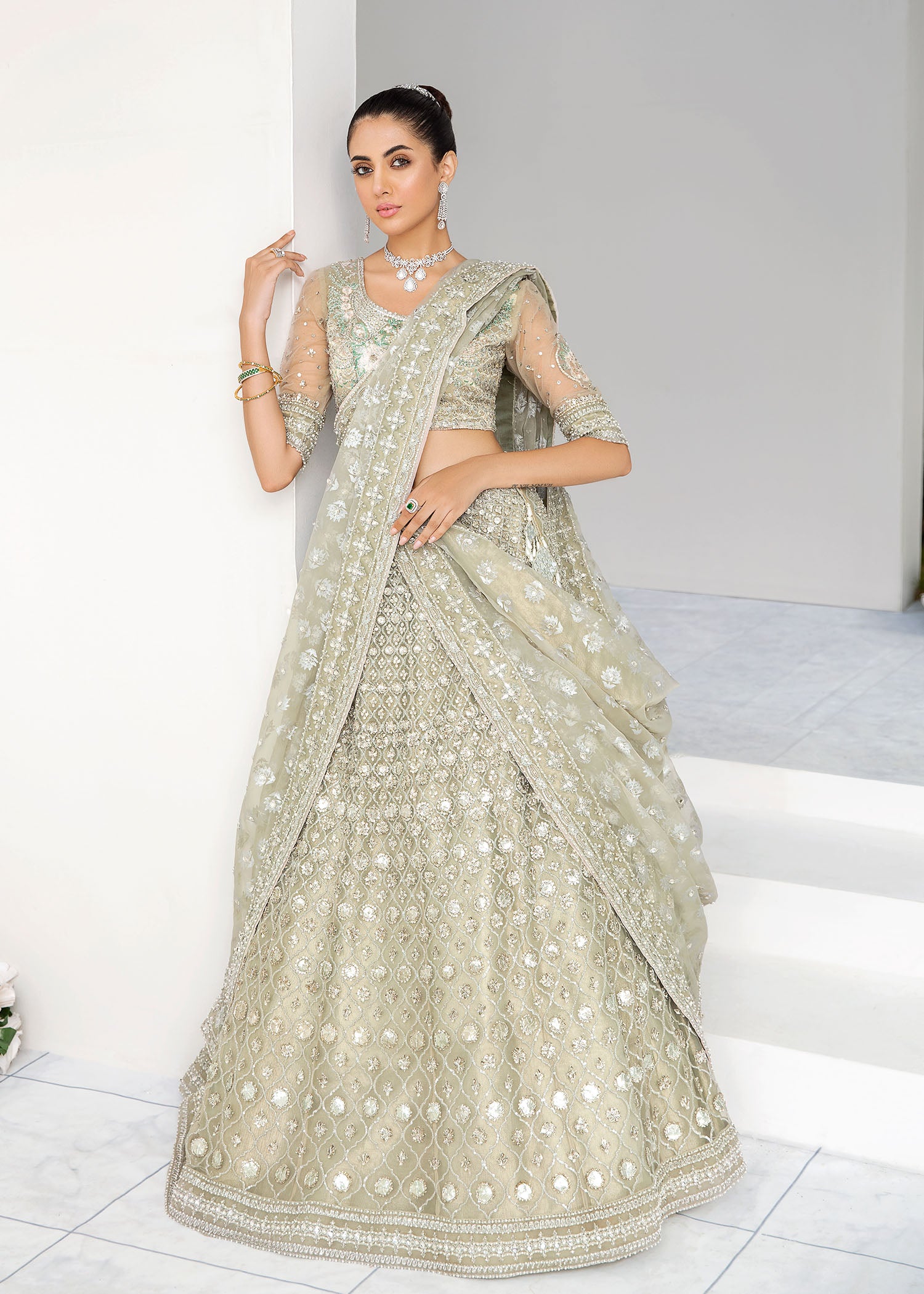 Pakistani Silver Grey Zardozi Net Lehenga Choli (3-Piece) - Image 1