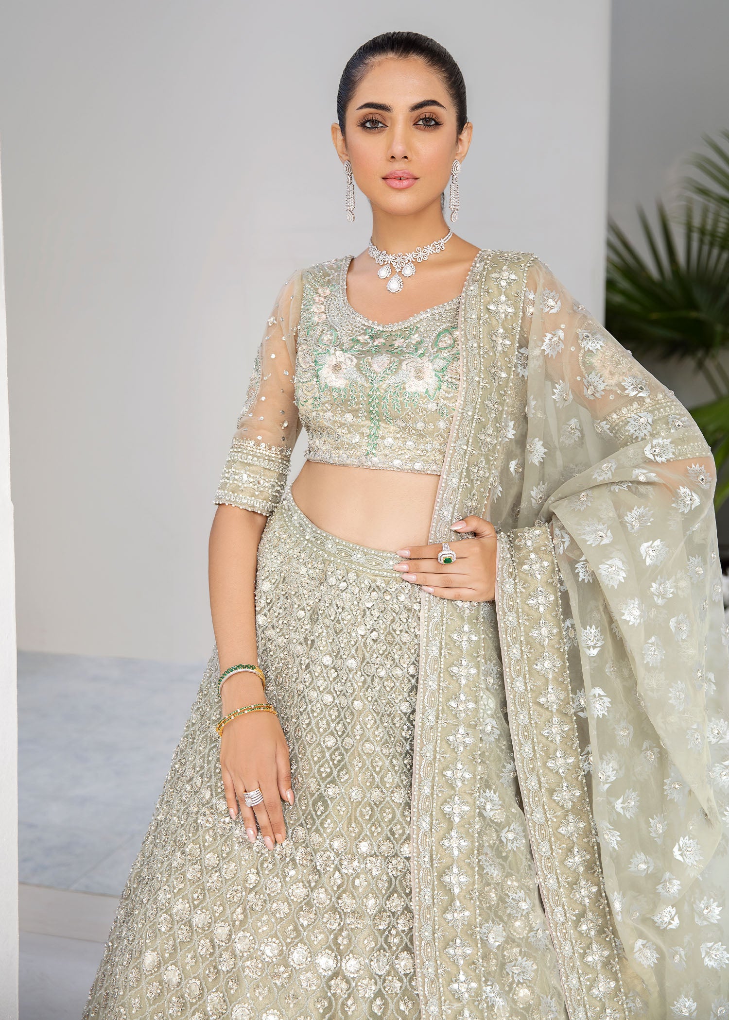 Pakistani Silver Grey Zardozi Net Lehenga Choli (3-Piece) - Image 2