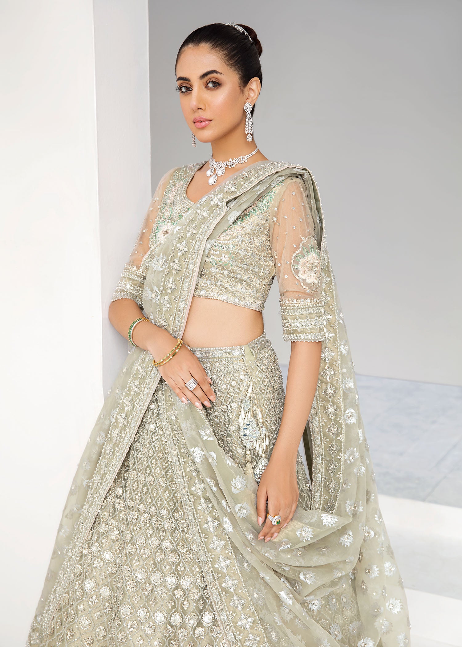 Pakistani Silver Grey Zardozi Net Lehenga Choli (3-Piece) - Image 4