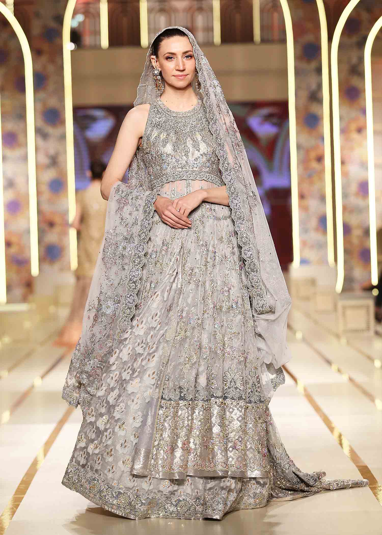 Silver Embellished Tulle & Jacquard Bridal Lehenga (3-Piece) - Image 1