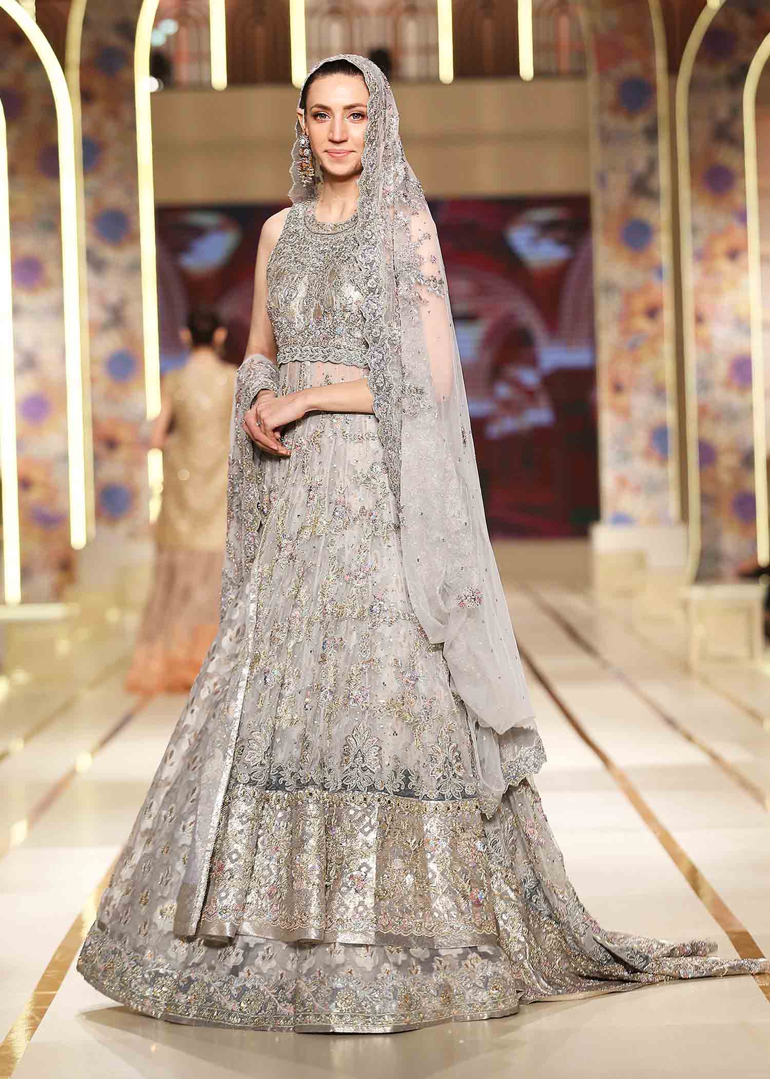 Silver Embellished Tulle & Jacquard Bridal Lehenga (3-Piece) - Image 2
