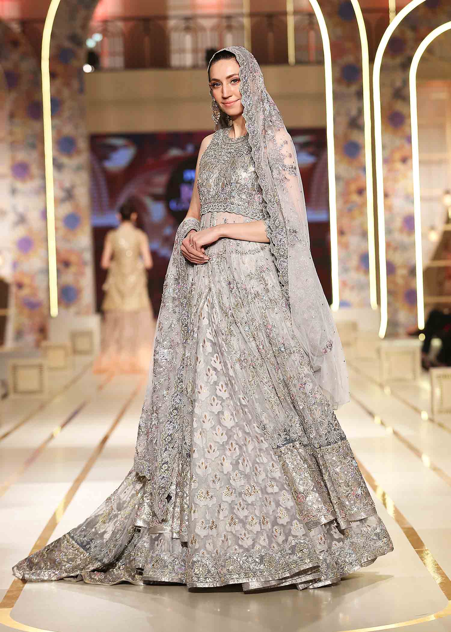 Silver Embellished Tulle & Jacquard Bridal Lehenga (3-Piece) - Image 3