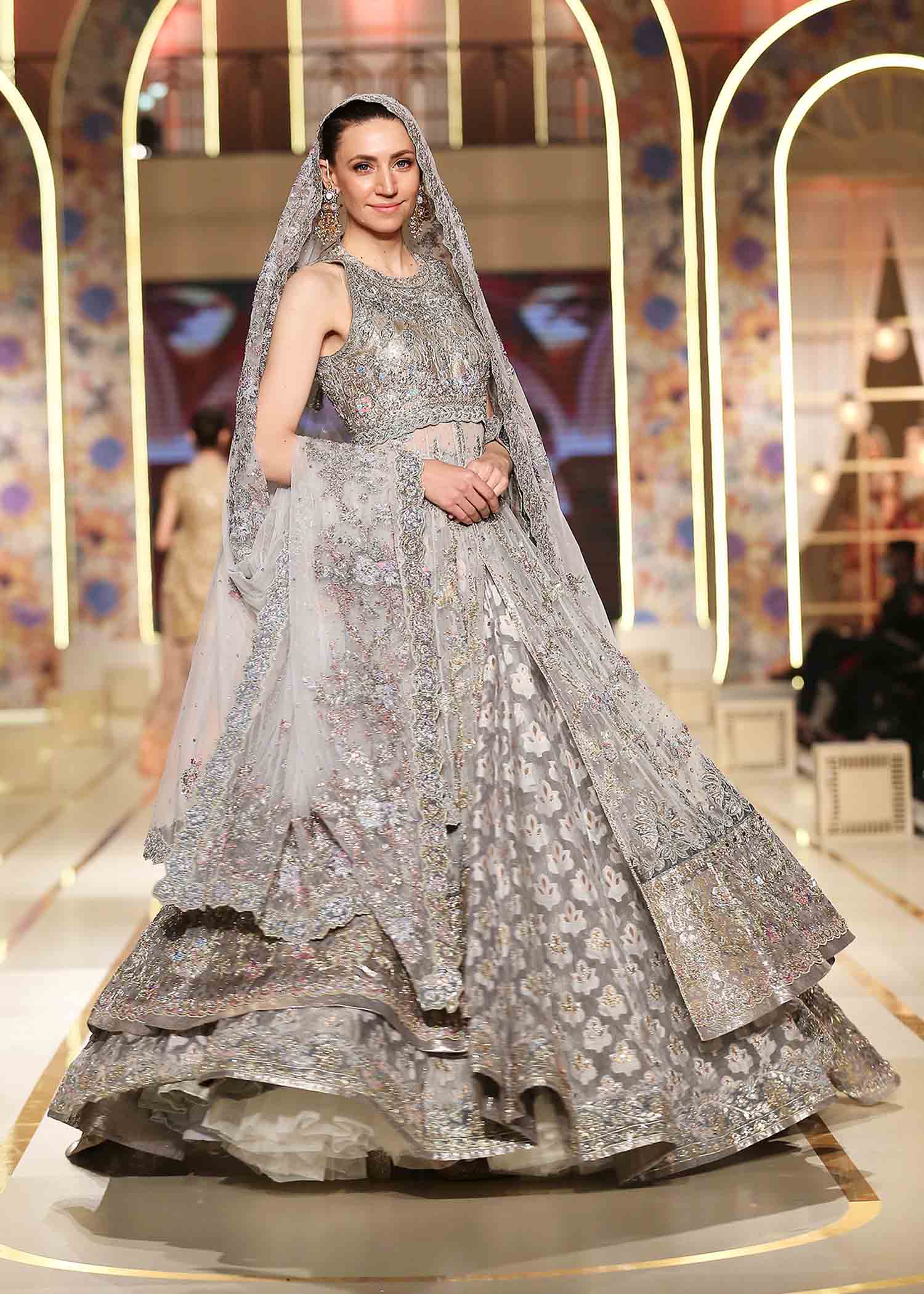 Silver Embellished Tulle & Jacquard Bridal Lehenga (3-Piece) - Image 4