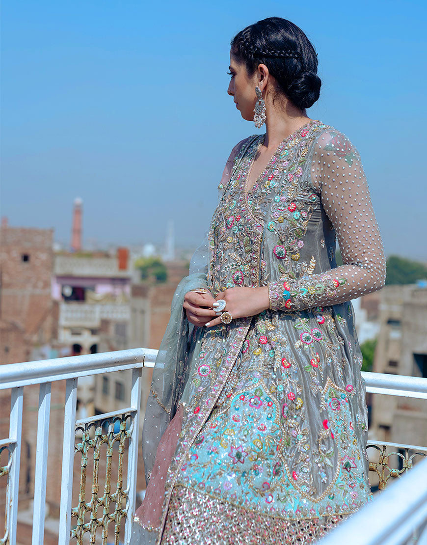 Pakistani Silver Grey Embroidered Organza Angrakha Lehenga (3-Piece) - Image 3
