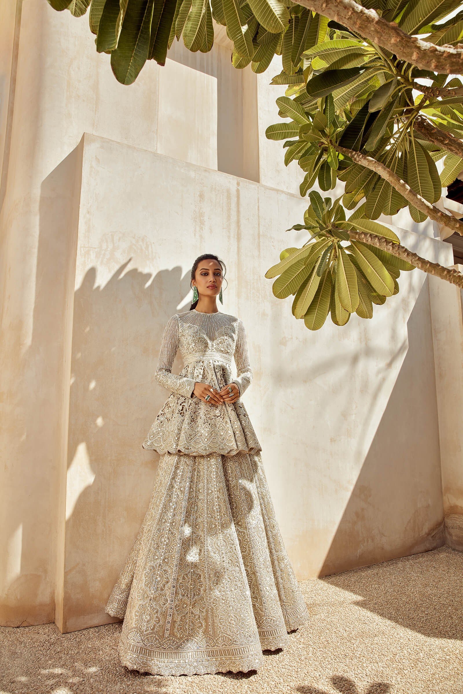 Pakistani Silver Embellished Net Organza Peplum Lehenga (2-Piece) - Image 1