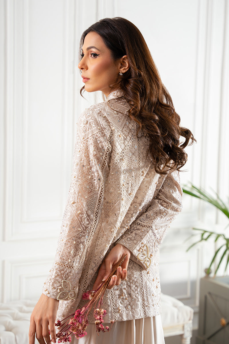 Pakistani Misty Silver Embellished Organza Jacket with Silk Skirt (3-Piece) - Image 3