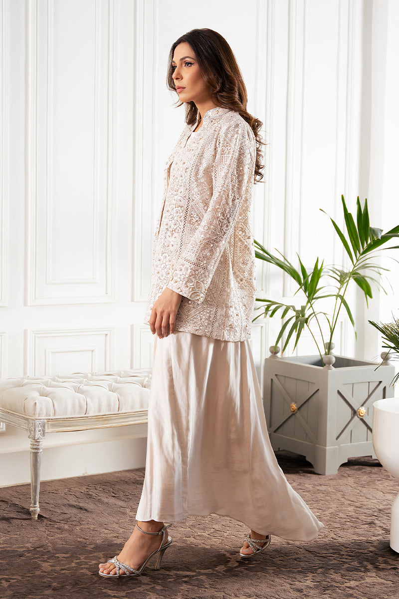 Pakistani Misty Silver Embellished Organza Jacket with Silk Skirt (3-Piece) - Image 6