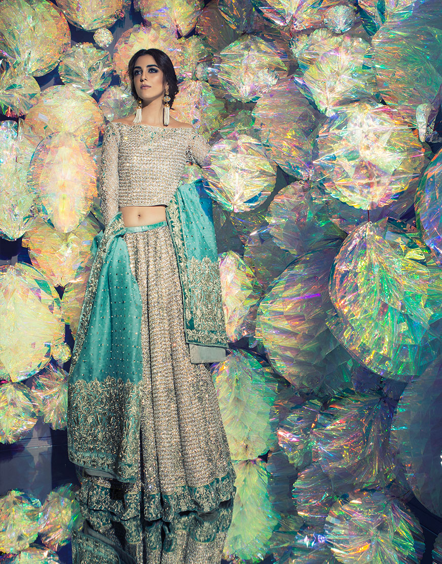 Pakistani Silver Embellished Organza & Raw Silk Lehenga Choli (3-Piece) - Image 1