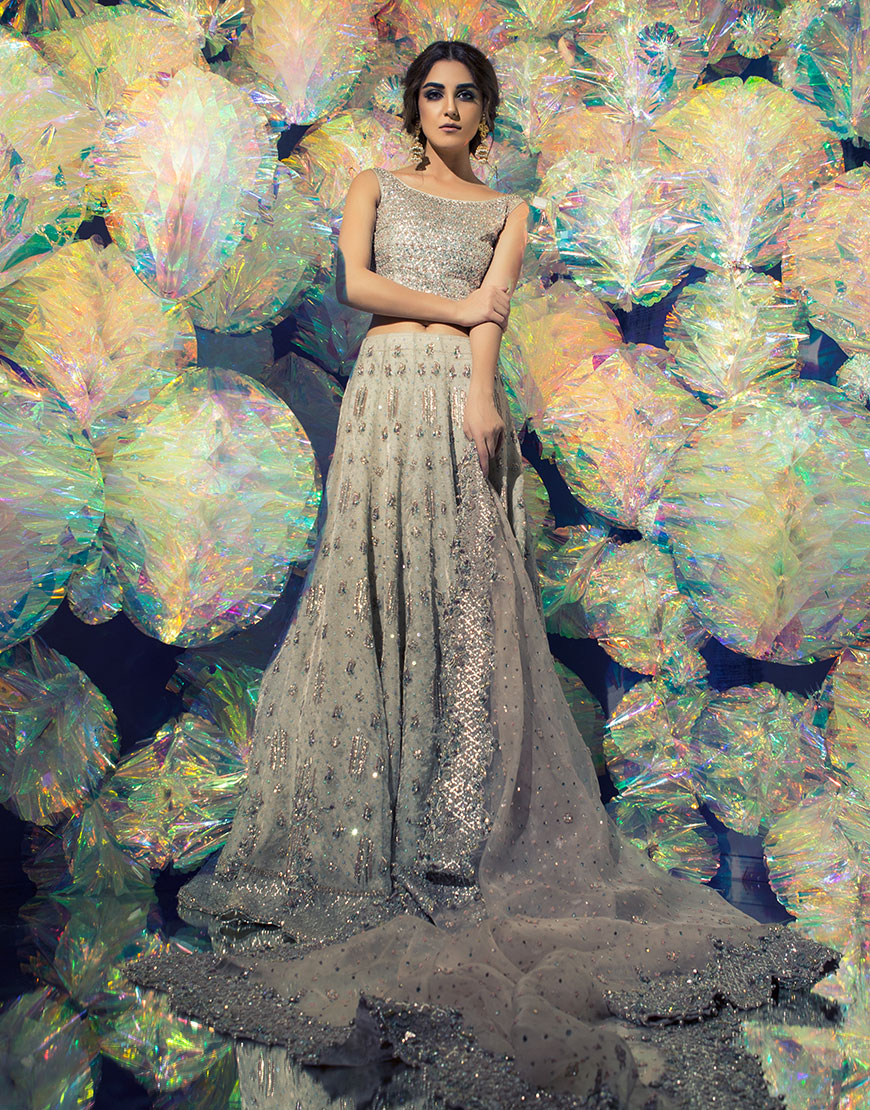 Pakistani Silver Embellished Organza Lehenga Choli (3-Piece) - Image 1