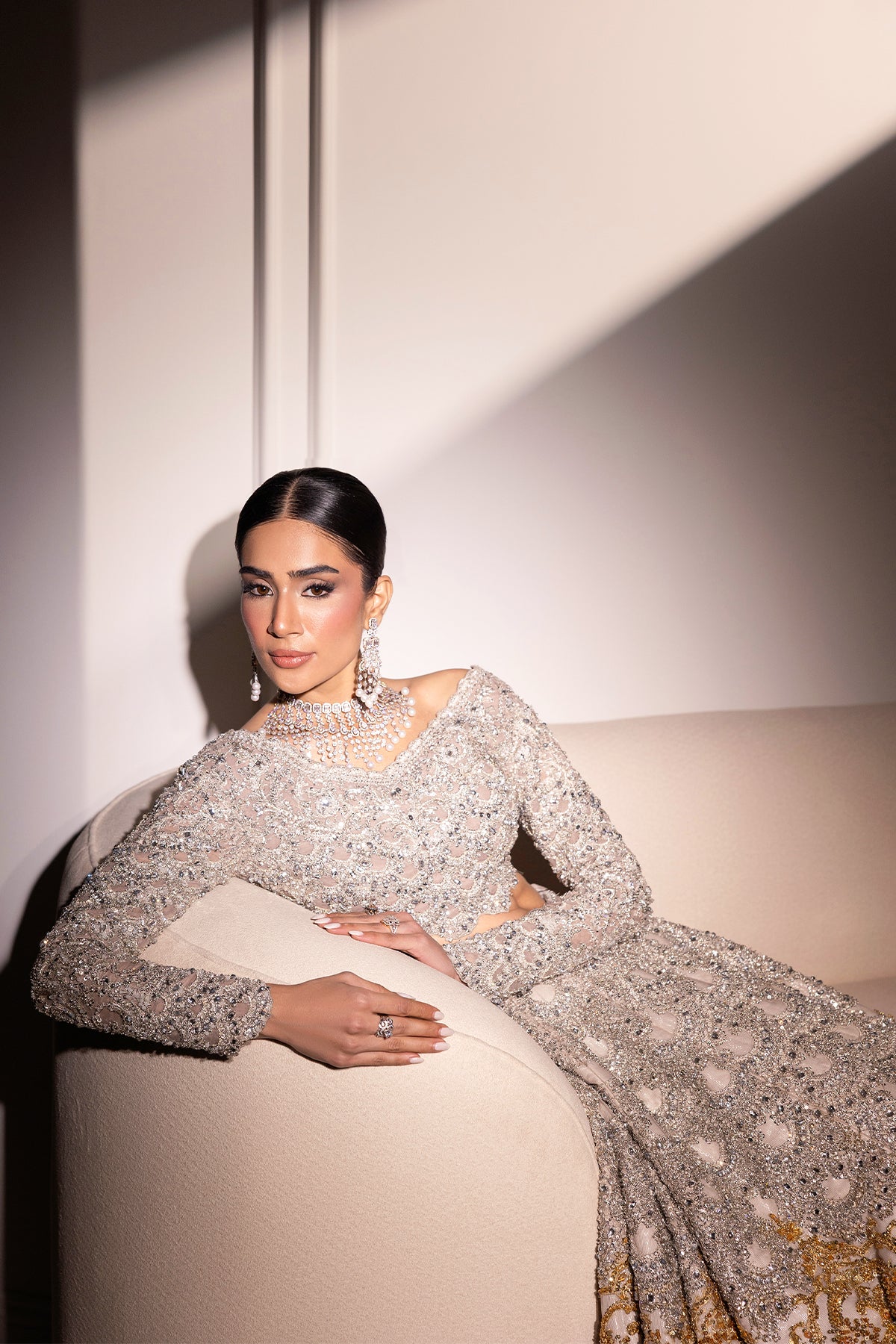 Silver and Gold Embellished Net Organza Bridal Lehenga (3-Piece) - Image 10