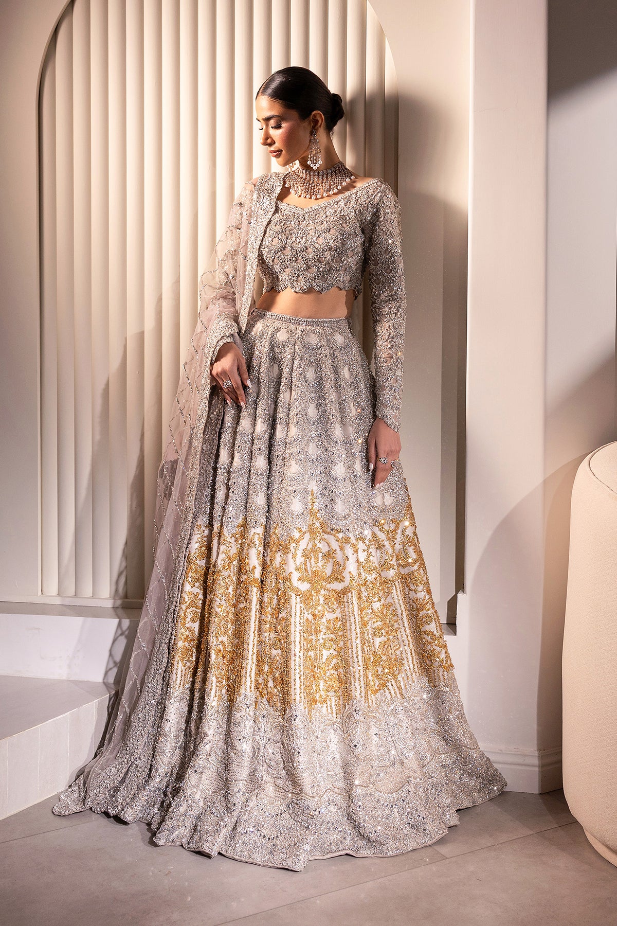 Silver and Gold Embellished Net Organza Bridal Lehenga (3-Piece) - Image 4