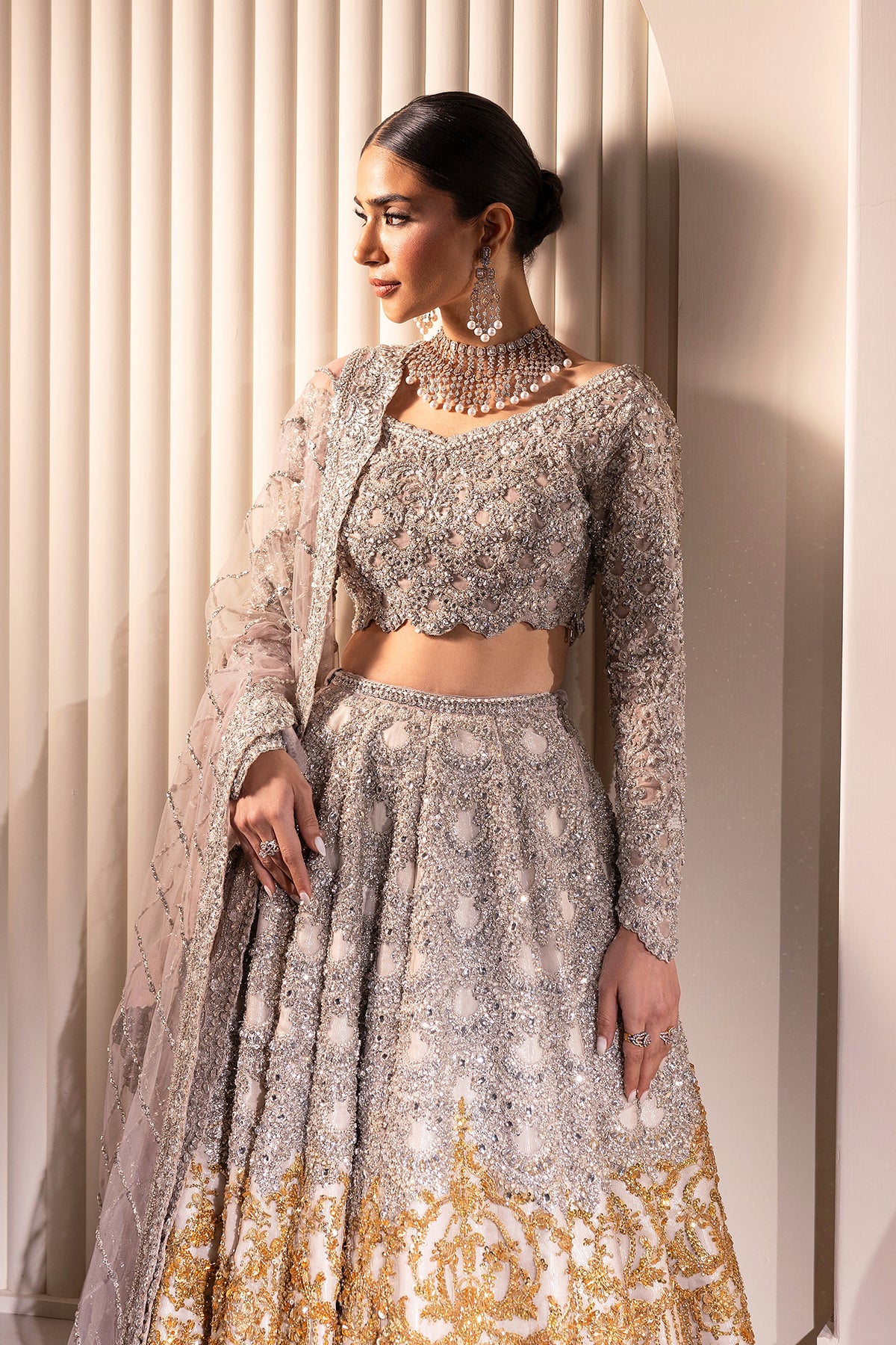 Silver and Gold Embellished Net Organza Bridal Lehenga (3-Piece) - Image 5