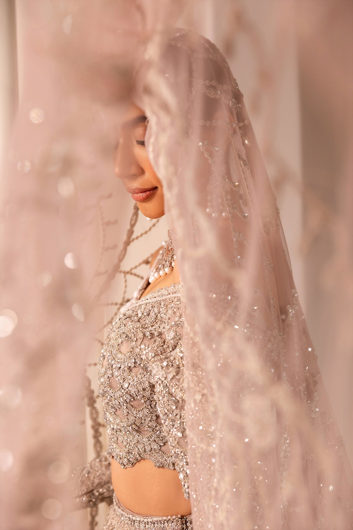 Silver and Gold Embellished Net Organza Bridal Lehenga (3-Piece) - Image 6