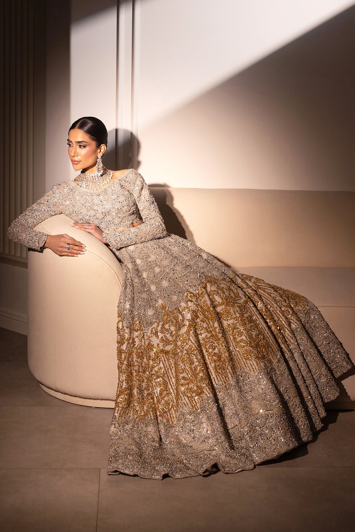 Silver and Gold Embellished Net Organza Bridal Lehenga (3-Piece) - Image 9