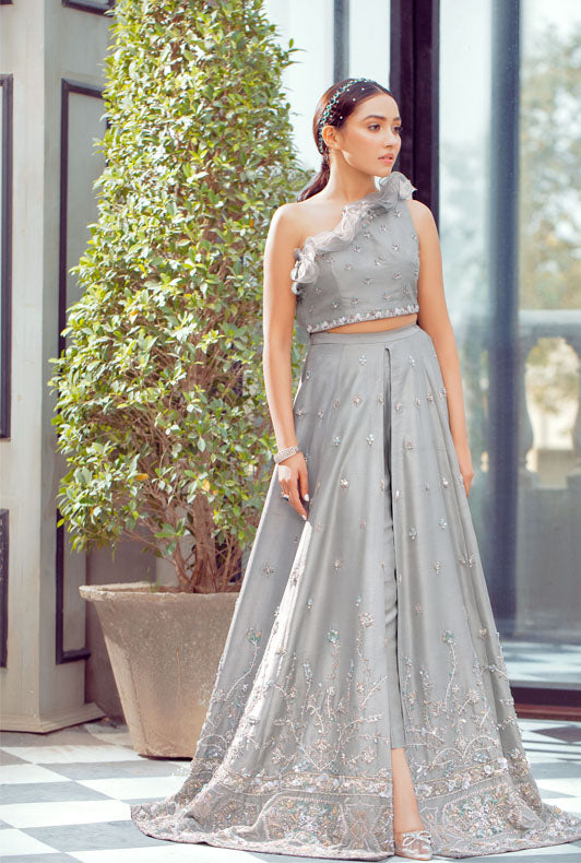 Pakistani Silver Grey Embroidered Raw Silk Lehenga Set (2-Piece) - Image 1