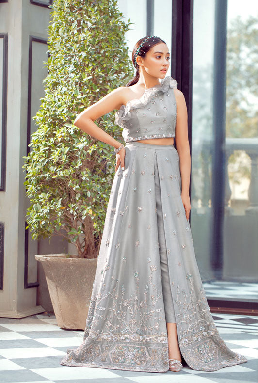 Pakistani Silver Grey Embroidered Raw Silk Lehenga Set (2-Piece) - Image 2