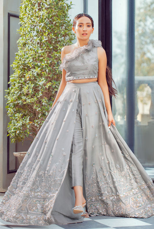 Pakistani Silver Grey Embroidered Raw Silk Lehenga Set (2-Piece) - Image 5