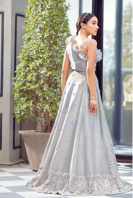 Pakistani Silver Grey Embellished Raw Silk Lehenga Set (3-Piece) - Image 3