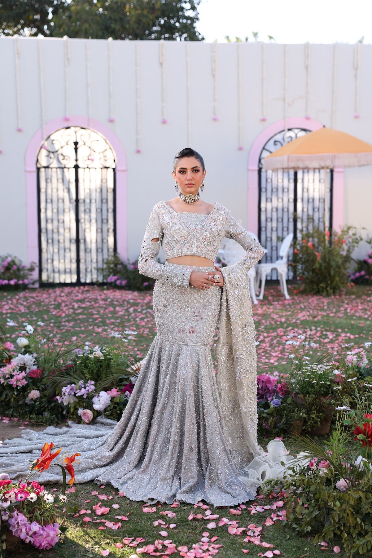 Pakistani Silver Embellished Raw Silk Mermaid Lehenga (3-Piece) - Image 10