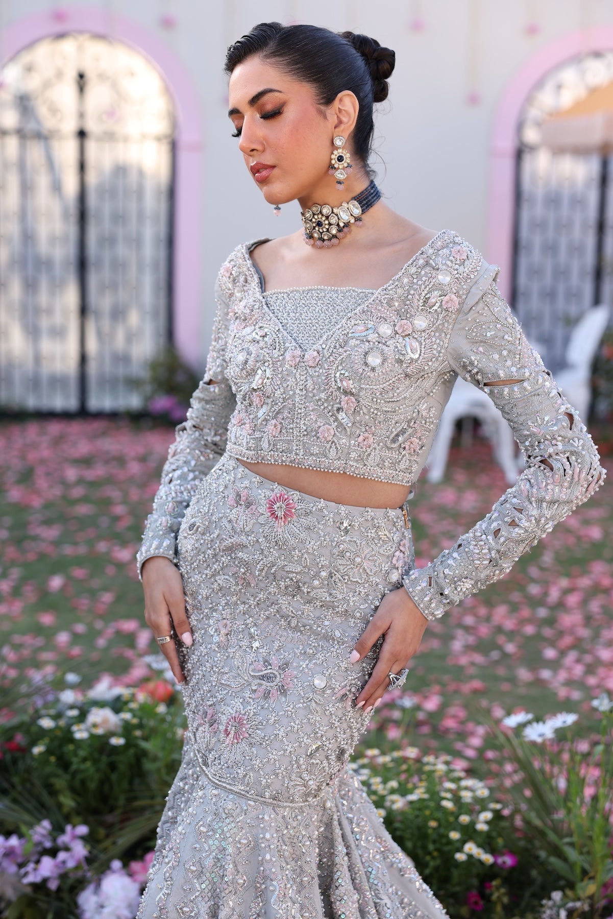 Pakistani Silver Embellished Raw Silk Mermaid Lehenga (3-Piece) - Image 2