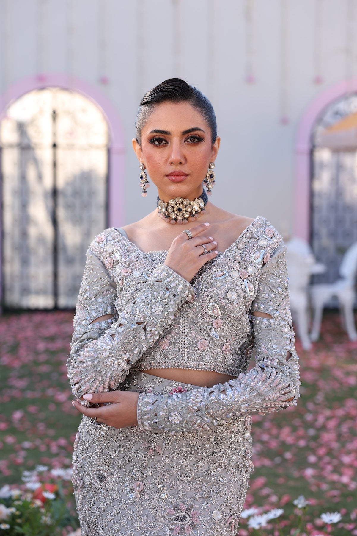 Pakistani Silver Embellished Raw Silk Mermaid Lehenga (3-Piece) - Image 4