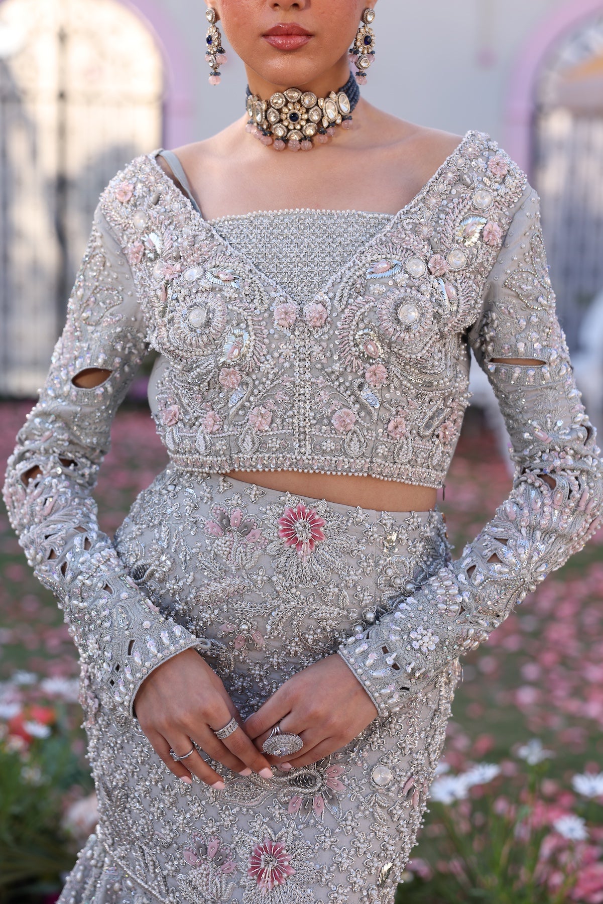 Pakistani Silver Embellished Raw Silk Mermaid Lehenga (3-Piece) - Image 5