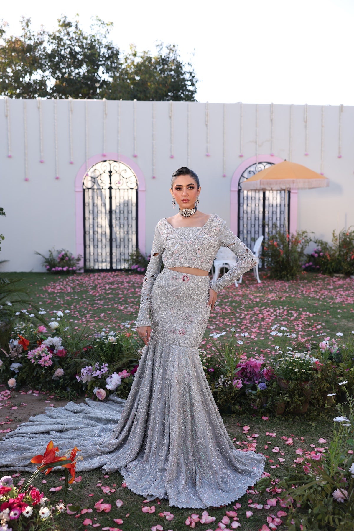 Pakistani Silver Embellished Raw Silk Mermaid Lehenga (3-Piece) - Image 6