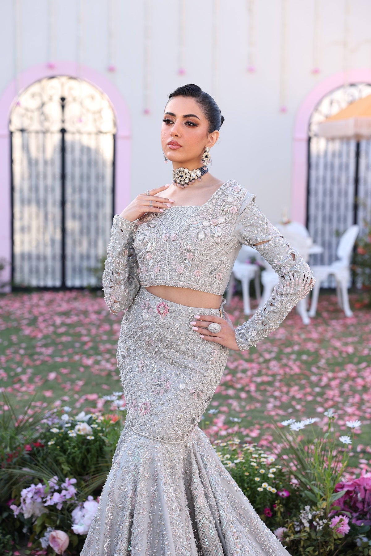 Pakistani Silver Embellished Raw Silk Mermaid Lehenga (3-Piece) - Image 7