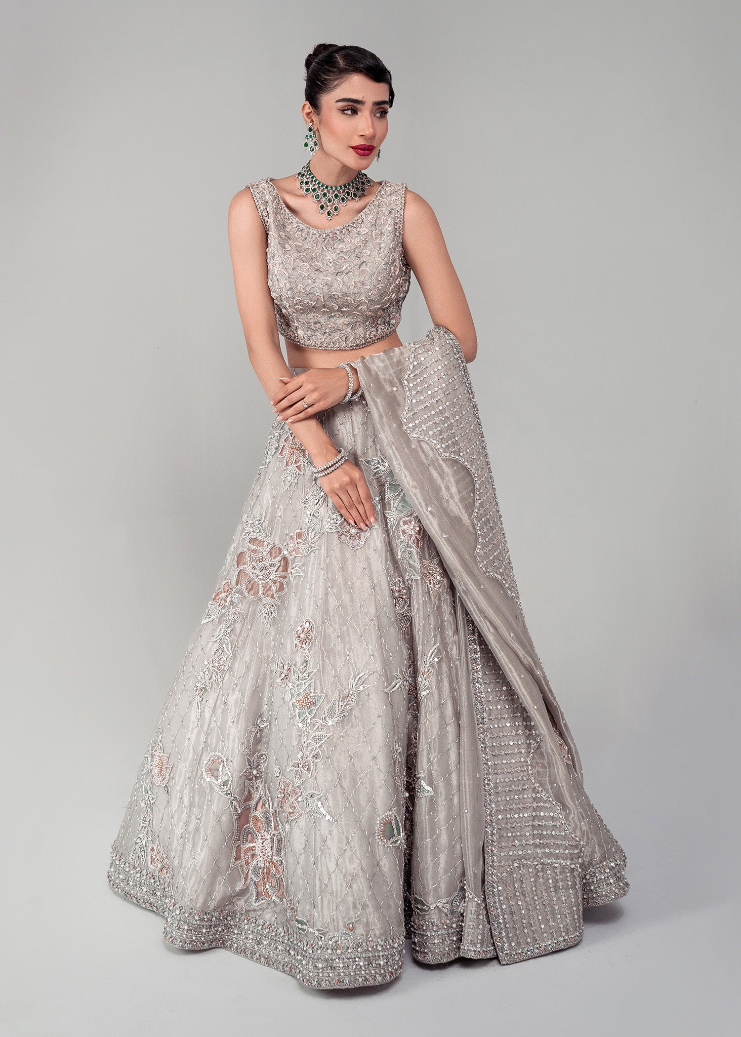 Pakistani Silver Grey Embellished Net Silk Lehenga Choli (3-Piece) - Image 1