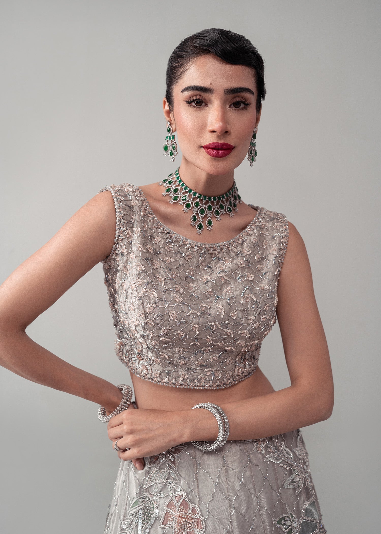 Pakistani Silver Grey Embellished Net Silk Lehenga Choli (3-Piece) - Image 2