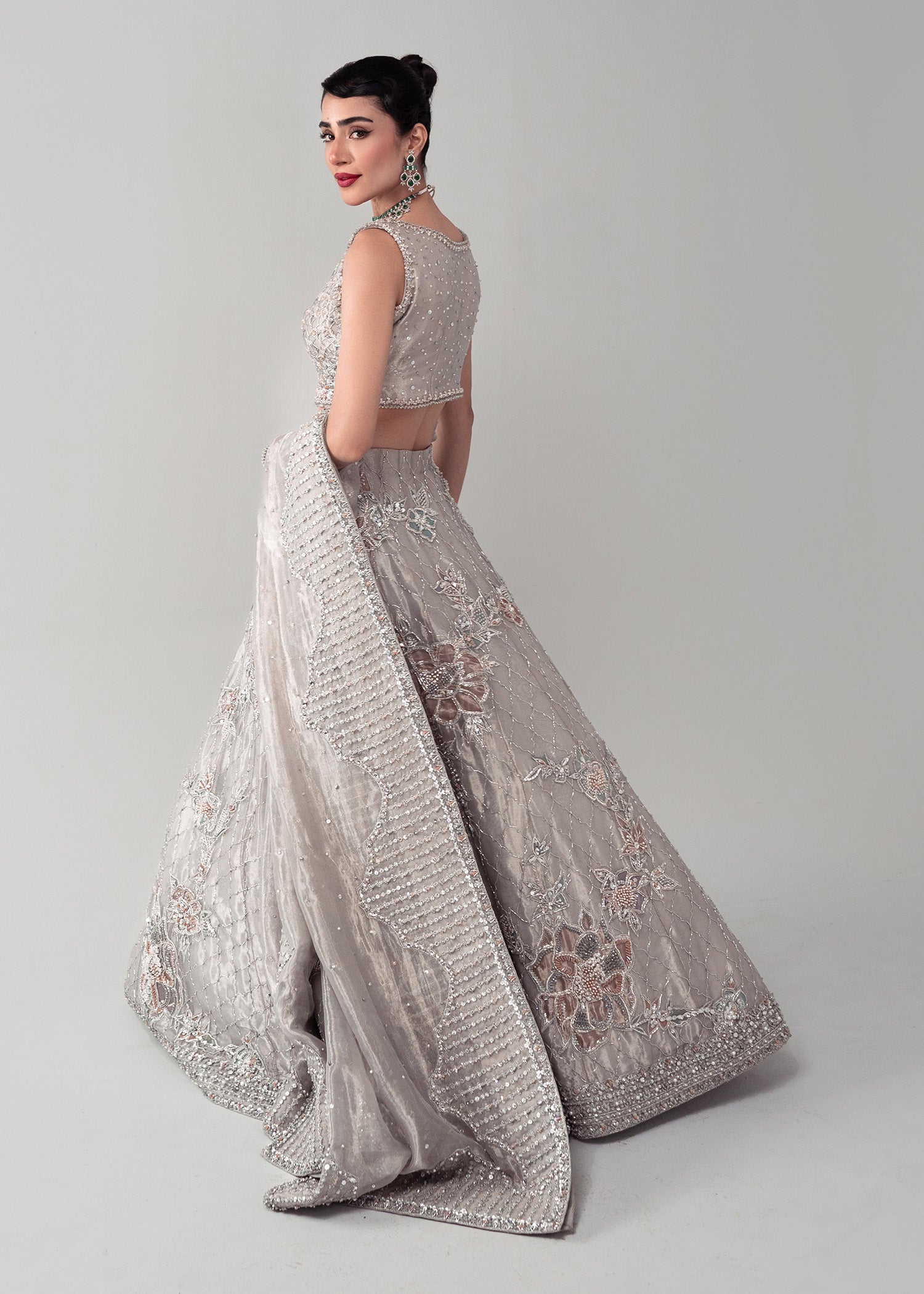 Pakistani Silver Grey Embellished Net Silk Lehenga Choli (3-Piece) - Image 5