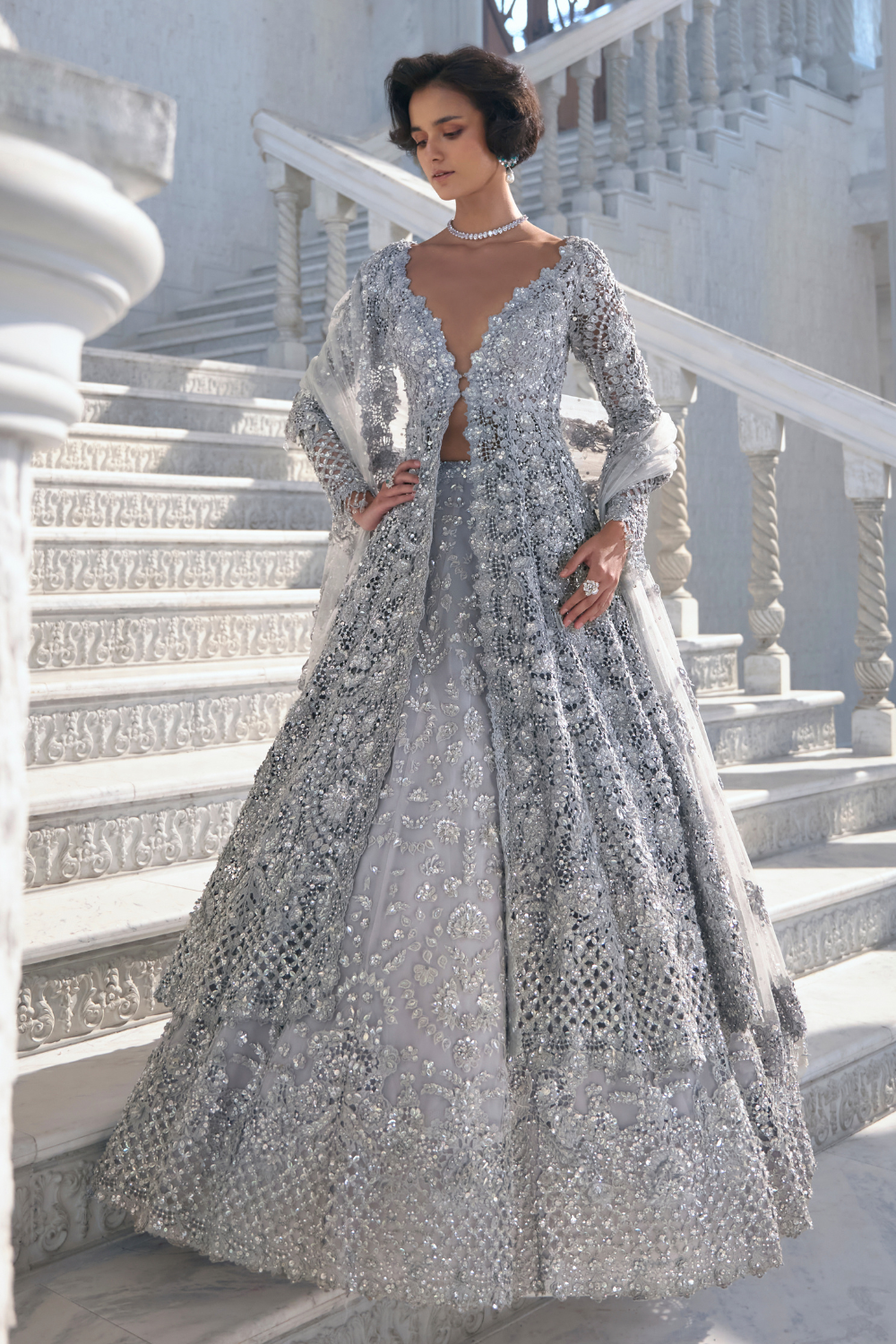 Silver Cut Work Embroidered Silk-Blend Jacket Lehenga (3-Piece) - Image 1